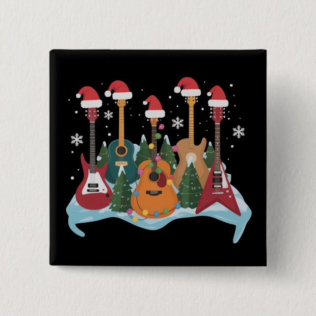 Funny Retro Guitar Christmas Tree Holiday Xmas Knapp (Framsida)