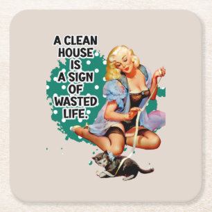 Funny Retro Housefru Pi-up Girl Art Underlägg Papper Kvadrat