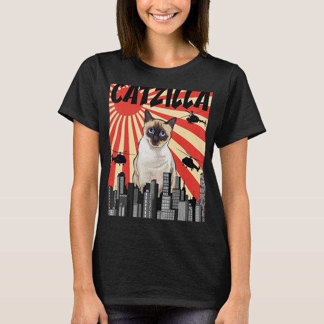 Funny Retro japansk Catzilla Siamese Cat T Shirt (Framsida)