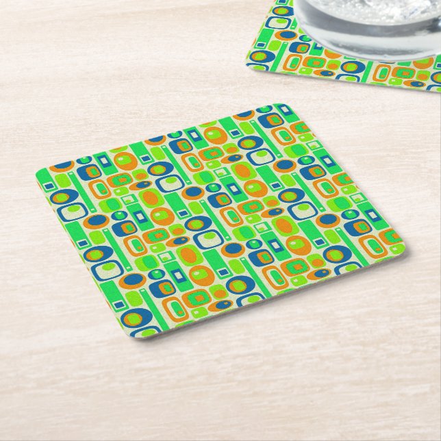 Funny Retro Tapet - orangens grönt blå Underlägg Papper Kvadrat (Vinklad)