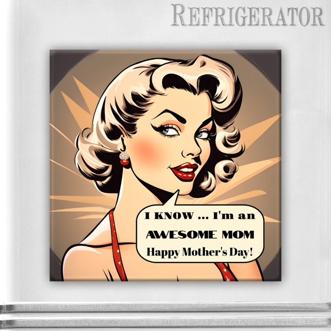 Funny Retro Tecknad Mors dag Magnet (Magnet featuring a retro cartoon style illustration of a pretty woman with a cloud for funny texts)