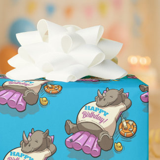 Funny Rhino Happy Birthday! Pool Party Cartoon Presentpapper