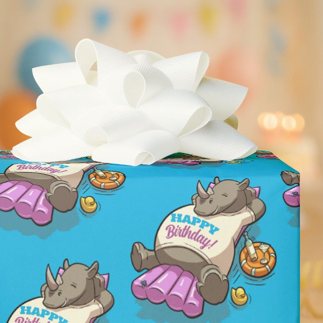 Funny Rhino Happy Birthday! Pool Party Cartoon Presentpapper (Skapare uppladdad)