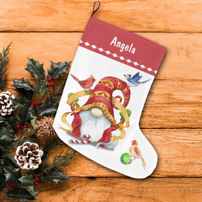 Funny Ribbon Gnome med Birds Personlig Stor Julstrumpa (Skapare uppladdad)