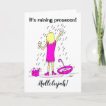 Funny Rining Prosecco Woman Birthday Card Kort<br><div class="desc">En underbar Tecknad av en kvinna som står i regnet och som fångar Prosecco i sitt glas. Hon bär en rosa klänning och har kastat paraply och handväska åt sidan. Det står "det regnar åklagarmyndigheten" och "Halleluja". Anpassa det här födelsedagskortet enkelt genom att redigera malltexten. Tack för att du visar...</div>