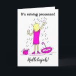 Funny Rining Prosecco Woman Birthday Card Kort<br><div class="desc">En underbar Tecknad av en kvinna som står i regnet och som fångar Prosecco i sitt glas. Hon bär en rosa klänning och har kastat paraply och handväska åt sidan. Det står "det regnar åklagarmyndigheten" och "Halleluja". Anpassa det här födelsedagskortet enkelt genom att redigera malltexten. Tack för att du visar...</div>