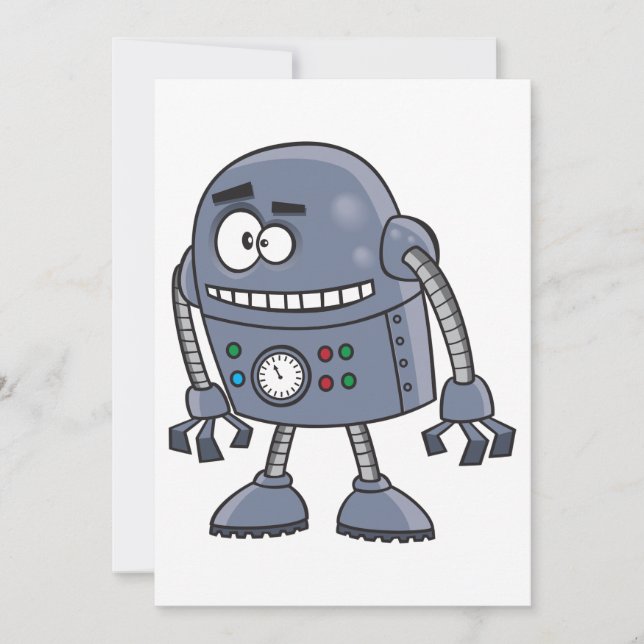 Funny Robot Character Cute Blue Retro Inbjudningar (Framsida)