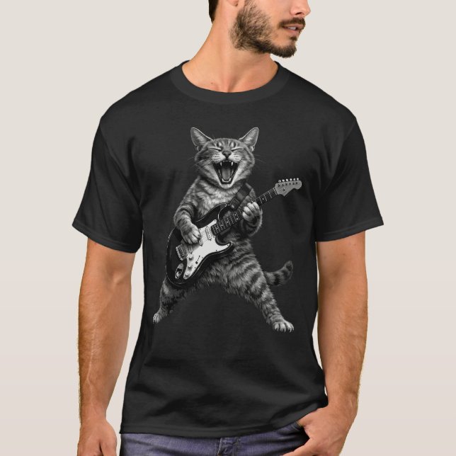 Funny Rock and Roll Cat Playing Electric Guitar T Shirt (Framsida)
