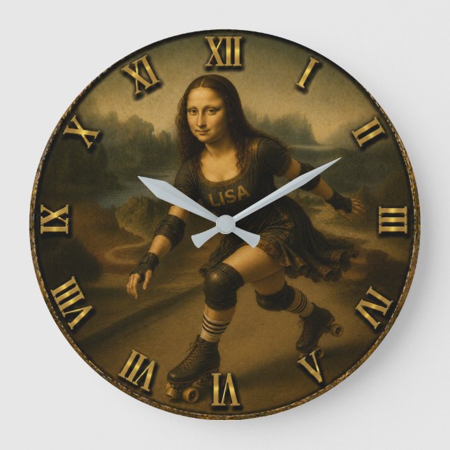 Funny Roller Skating Mona Lisa Skater Gift Stor Klocka (Framsida)