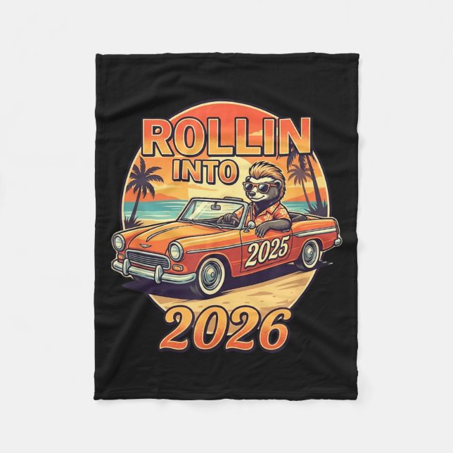 Funny Rollin Into 2026 Retro Car Sunset Vibes Artw Fleecefilt (Framsidan)