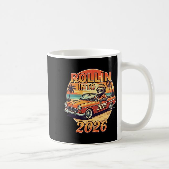 Funny Rollin Into 2026 Retro Car Sunset Vibes Artw Kaffemugg (Höger)