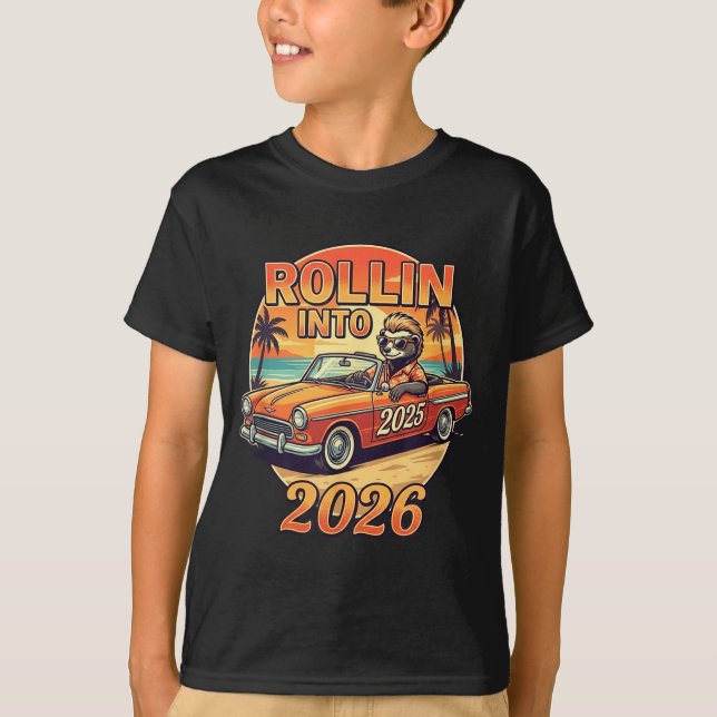 Funny Rollin Into 2026 Retro Car Sunset Vibes Artw T Shirt (Framsida)