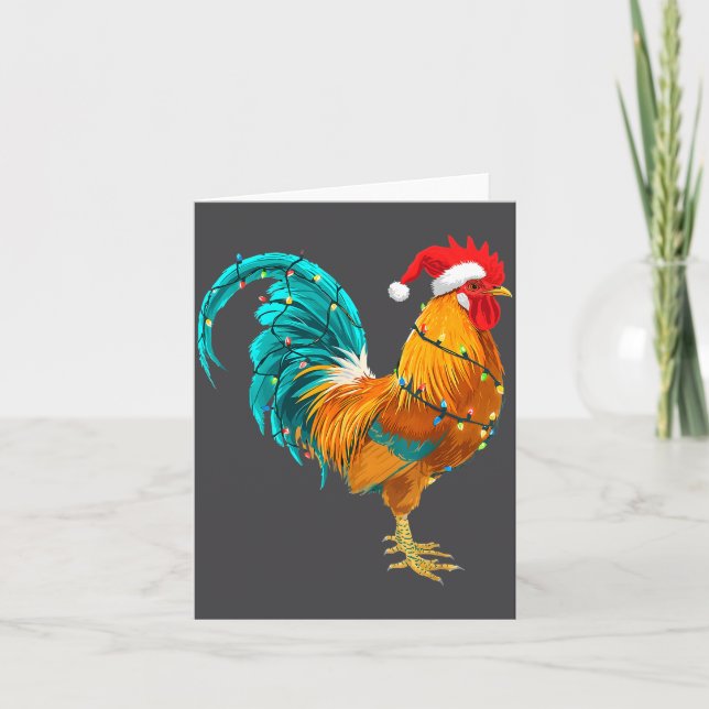 Funny Rooster Chicken Santa Christmas Lights Farme Kort (Framsida)