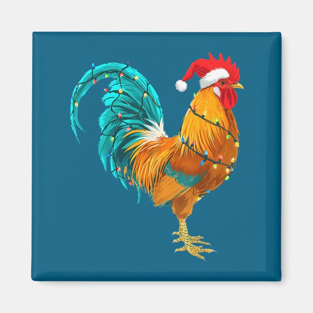 Funny Rooster Chicken Santa Christmas Lights Farme Magnet (Framsidan)