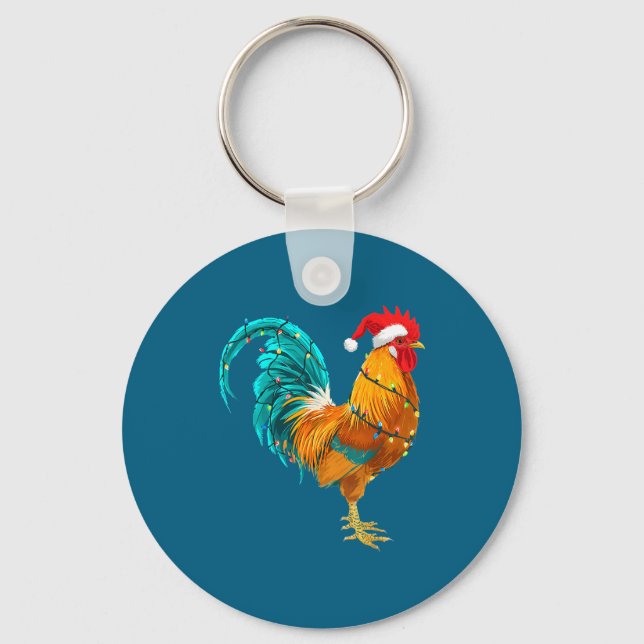 Funny Rooster Chicken Santa Christmas Lights Farme Nyckelring (Framsida)