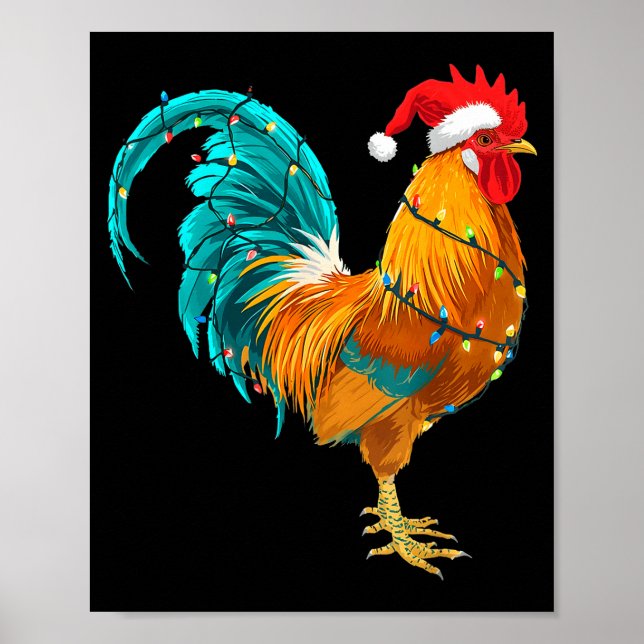 Funny Rooster Chicken Santa Christmas Lights Farme Poster (Framsidan)