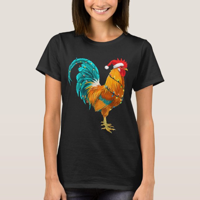 Funny Rooster Chicken Santa Christmas Lights Farme T Shirt (Framsida)