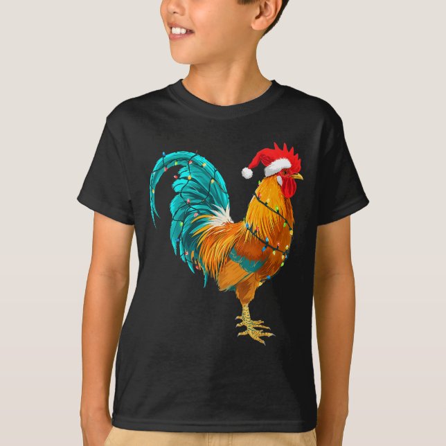 Funny Rooster Chicken Santa Christmas Lights Farme T Shirt (Framsida)