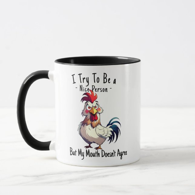 Funny Rooster Sarcastic Pun Coffee Mug - Bad Mouth Mugg (Vänster)