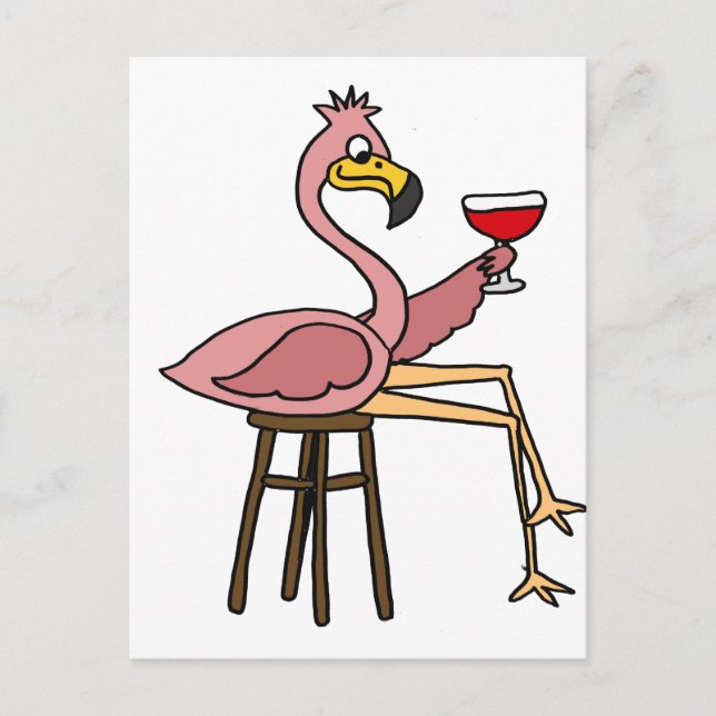 Funny Rosa Flamingo Drinking Red Vin Vykort (Framsida)