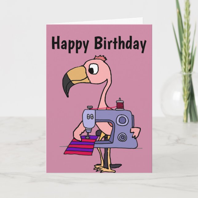 Funny Rosa Flamingo med Sewing Maskin Kort (Framsida)