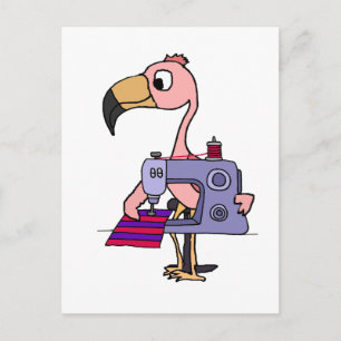 Funny Rosa Flamingo med Sewing Maskin Vykort