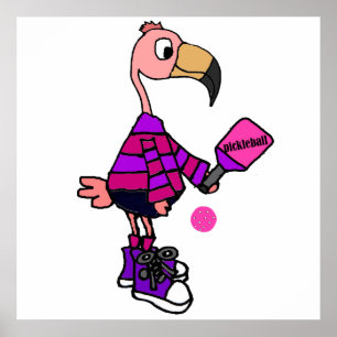 Funny Rosa Flamingo Pickleball Tecknad Poster