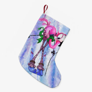 Funny Rosa Flamingo Skier - Tecknad Teckning Teckn Liten Julstrumpa