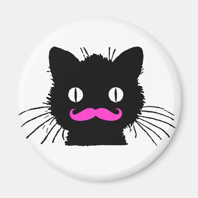 FUNNY ROSA MUSTACHE BLACK CAT MAGNET (Framsidan)