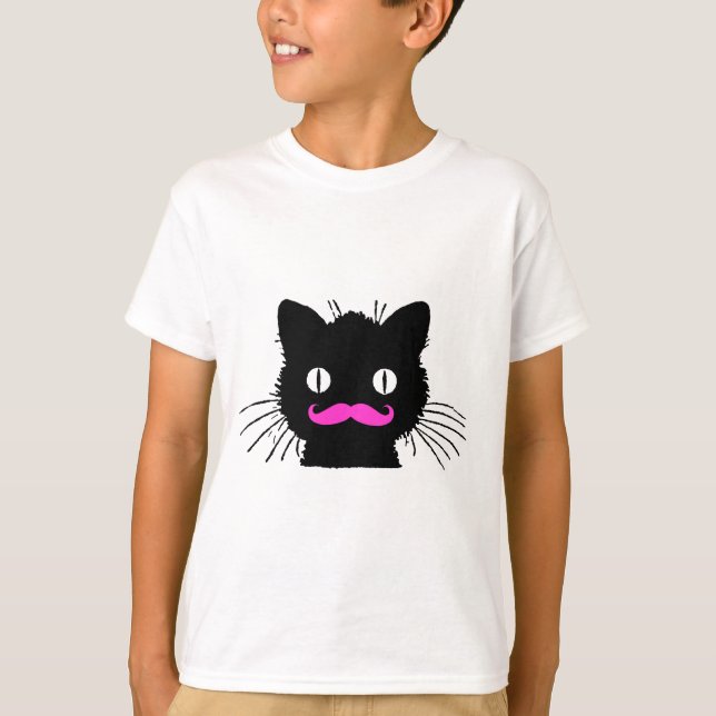 FUNNY ROSA MUSTACHE BLACK CAT T-SHIRT (Framsida)