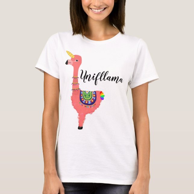Funny Rosa Tecknad Unicorn Flamingo Llama Girly T Shirt (Framsida)