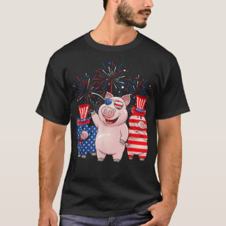 Funny Rött vitt blått Gris American Flagga Farmer T Shirt