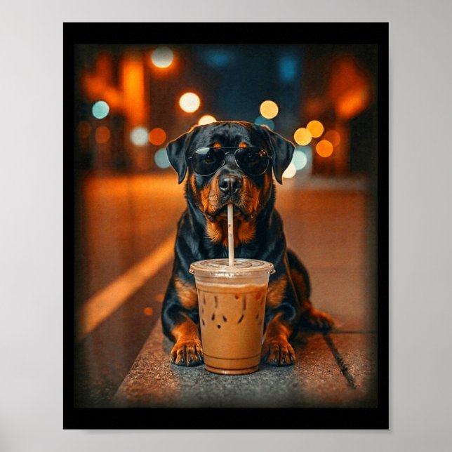 Funny rottweiler drinking iced coffee lover dog poster (Framsidan)