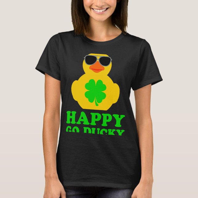 Funny Rubber Duck Four Leaf Clover Sunglasses Happ T Shirt (Framsida)
