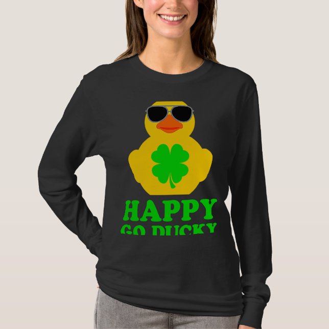 Funny Rubber Duck Four Leaf Clover Sunglasses Happ T Shirt (Framsida)