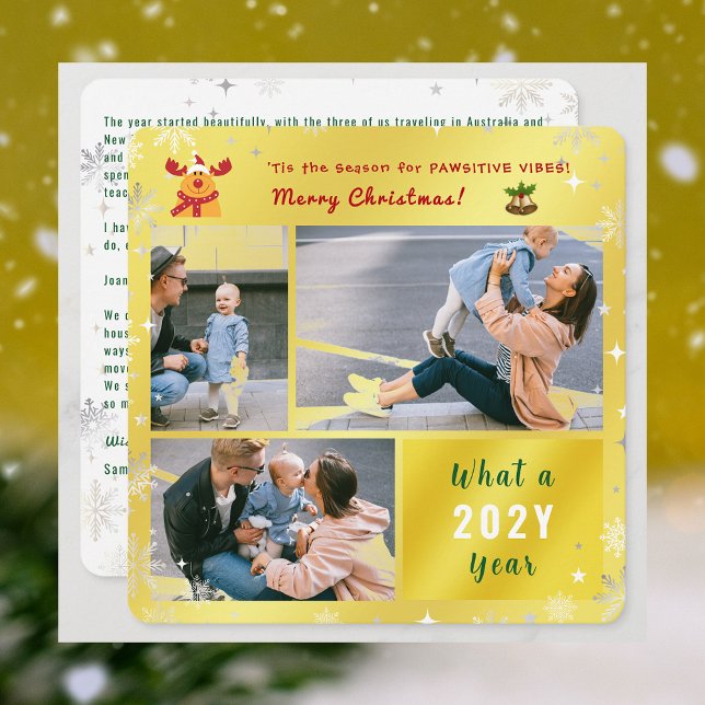 Funny Rudolph 3 Photos Cute Modern Elegant Golden Julkort (Elegant Golden Funny Pawsitive Vibes Rudolph Christmas Card 3 Photos What a Year Snowflakes Stars)