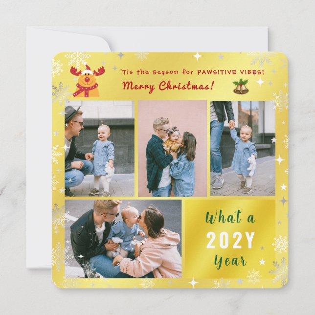 Funny Rudolph 4 Photos Collage Cute Elegant Golden Julkort (Framsida)