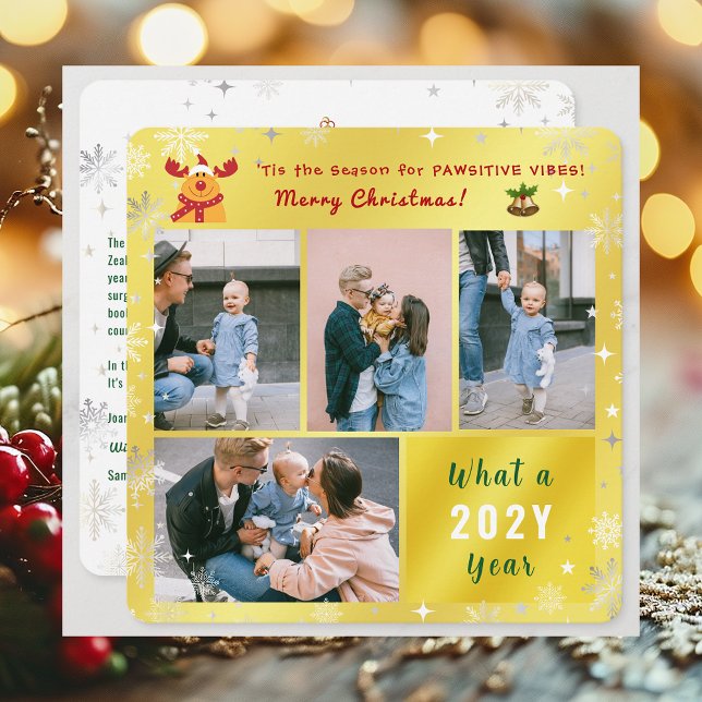 Funny Rudolph 4 Photos Collage Cute Elegant Julkort (Elegant Golden Cute Funny Pawsitive Vibes Rudolph Merry Christmas 4 Photos What a Year Snowflakes)