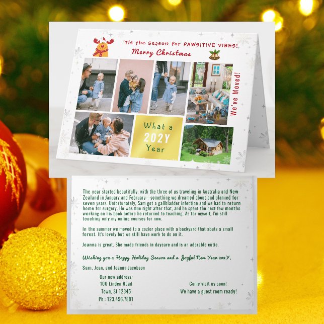 Funny Rudolph 7 Photos Collage Vi har flyttat Cute Helgkort (Funny Rudolph Christmas card, pawsitive humor. 6 Photos. We've moved letter. Elegant, modern. Snow)