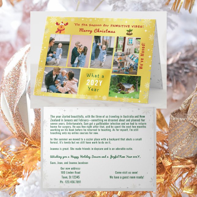 Funny Rudolph 7 Photos Collage Vi har flyttat Gold Helgkort (Funny Rudolph Christmas card, pawsitive humor. 6 Photos. We've moved letter. Elegant, golden. Snow)