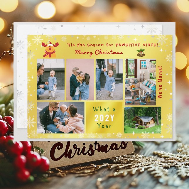 Funny Rudolph 7 Photos Collage Vi har flyttat Gold Julkort ('Tis the Season for Pawsitive Vibes. Funny Cute Golden Rudolph 5 Photos Christmas We've Moved Letter)