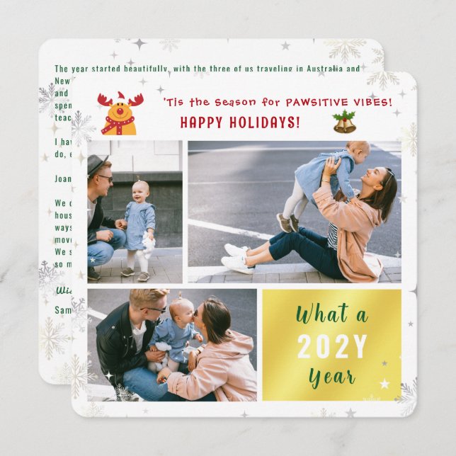 Funny Rudolph Cute Glad helg Elegant 3 Foton Julkort (Fram/baksida)