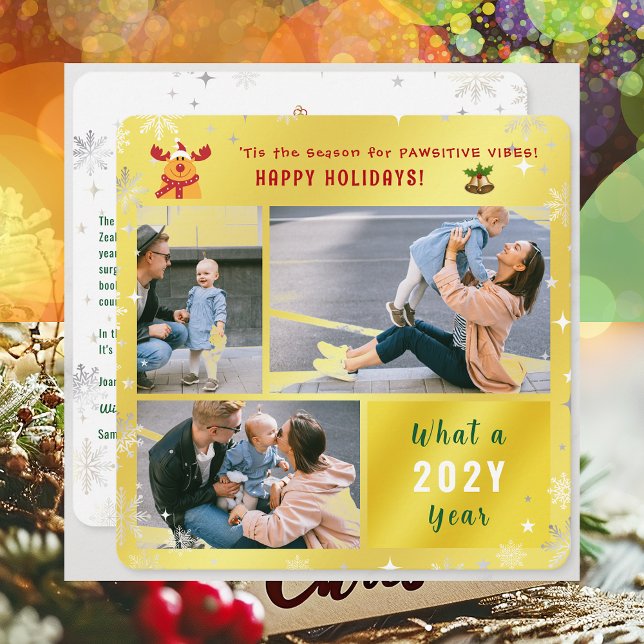 Funny Rudolph Cute Glad helg Golden 3 Photo Julkort (Cute Funny Rudolph Pawsitive Vibes Happy Holidays 'Tis the Season 3 Photos Golden What a Year Letter)