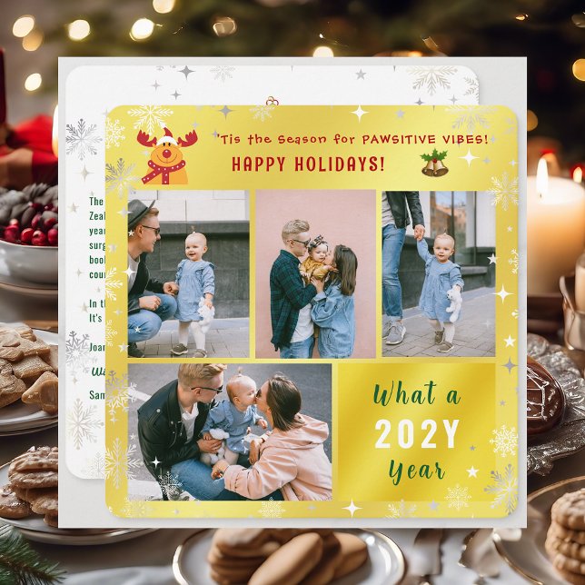 Funny Rudolph Glad helg Cute Golden 4 Foton Julkort (Cute Funny Elegant Rudolph 'Tis the Season Pawsitive Vibes Happy Holidays 4 Photos Snowflakes Golden)