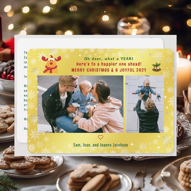 Funny Rudolph Oh Hjort God jul 2 Foton Golden Julkort (Cute Funny Modern Oh Deer What a Year Rudolph Snow Merry Xmas Joyful New Year 2 Photos Letter Golden)