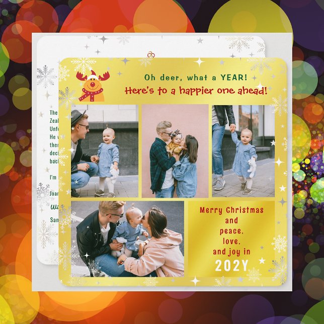 Funny Rudolph Oh Hjort Peace Kärlek Joy Golden Pho Julkort (Funny Cute Rudolph Oh Deer What a Year Merry Christmas Happy New Year 4 Photos Letter Elegant Golden)