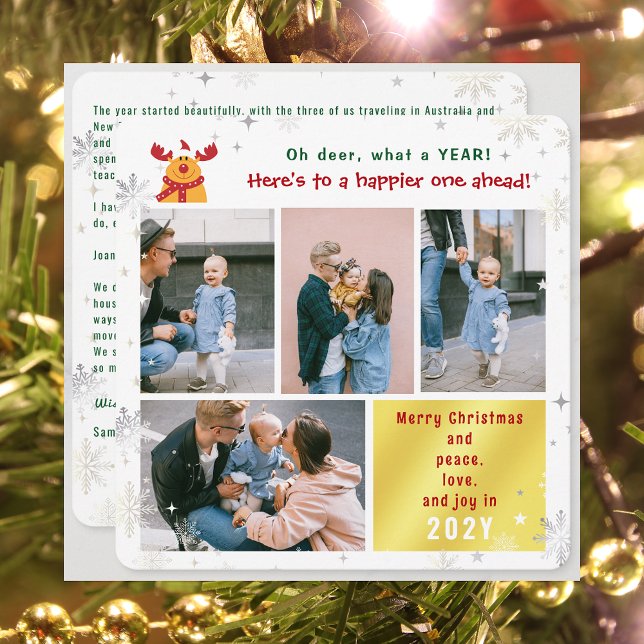 Funny Rudolph Oh Hjort Peace Kärlek Joy Golden Pho Julkort (Funny Cute Rudolph Oh Deer What a Year Merry Christmas Happy New Year 4 Photos Letter Elegant Golden)