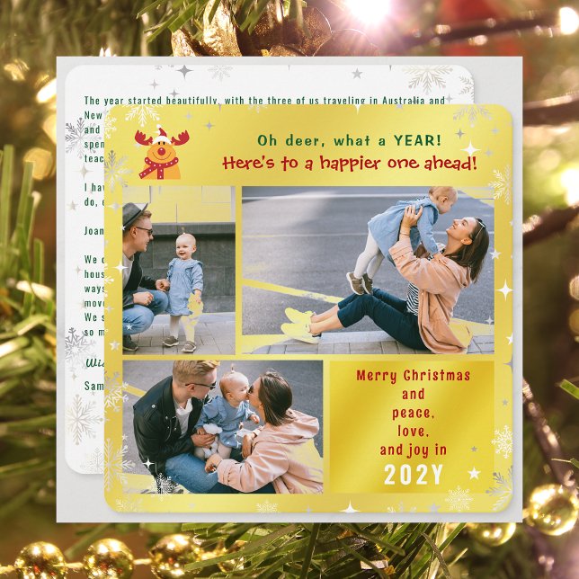 Funny Rudolph Oh Hjort Peace Kärlek Joy Golden Pho Julkort (Funny Cute Rudolph Oh Deer What a Year Merry Christmas Happy New Year 3 Photos Letter Elegant Golden)