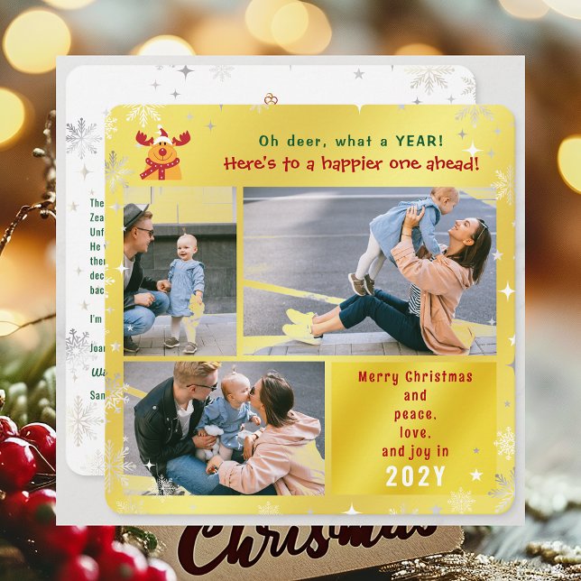 Funny Rudolph Oh Hjort Peace Kärlek Joy Golden Pho Julkort (Elegant Golden Cute Funny Rudolph Oh Deer What a Year Merry Christmas 3 Photos Peace Love Joy Letter)