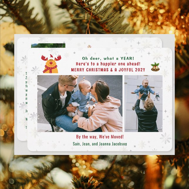 Funny Rudolph Oh Hjort Vi har flyttat 3 Photos Col Julkort (Funny Rudolph Oh Deer What a Year Christmas New Year We've Moved 3 Photos Elegant Cute Modern Letter)